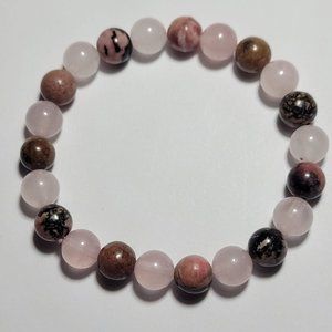 Natural Rose Quartz and Black Stripe Rhodonite Crystal Beaded Bracelet 8mm 7 1/2